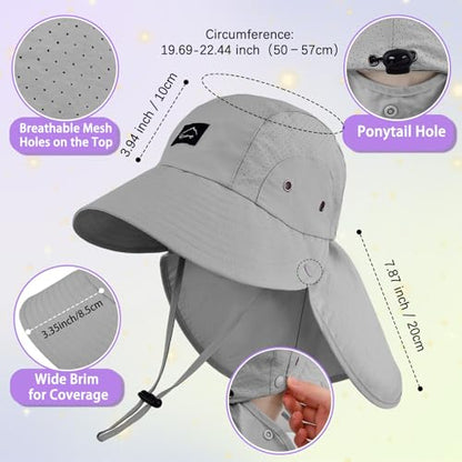 Kids Sun Hat with Detachable Neck Flap for Boys & Girls Wide Brim Fishing Hat for Kids Water Resistant UV Protection - color: 1 Pack-dark Gray