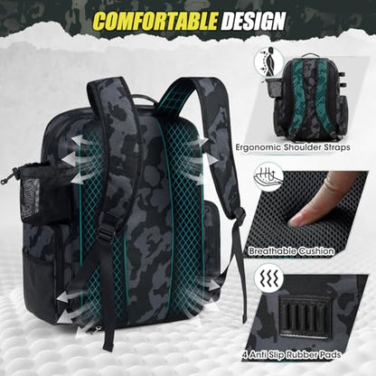 RAINSMORE 45L Fishing Backpack with Rod Holders & Rain Cover Large 900D Water-resistant Fishing Tackle Bag Store Fishing Gear - color: Black Blue Camouflage