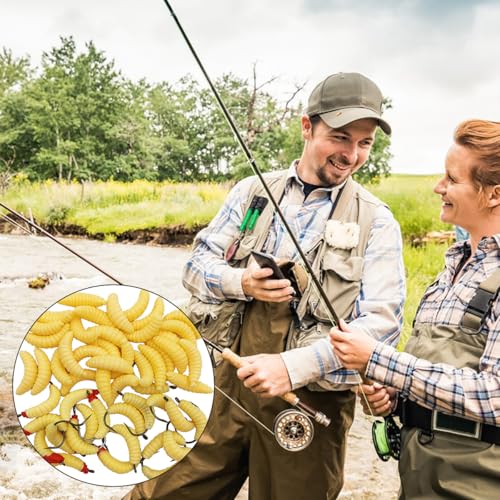Rubber Maggots Fishing Bait, 20 Pcs Fishing Baits with Hooks + 30 Pcs Soft Maggot Bait Bread Worm, Fish Lures Worms Bulk FishGrubs for Trout, Crappie, Pan Fish, Bluegill, 50 Pack