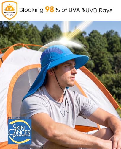 Home Prefer UPF 50+ Sun Hats for Men Women Wide Brim Fishing Hat with Neck Flap UV Protection Sunblock Safari Bucket Hat - color: Bright Blue