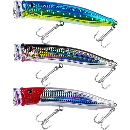 THKFISH Popper Lures Saltwater Tuna Popper Topwater Fishing Lures for Surf Fishing Bass with 3D Eyes for GT Tuna Large Fish 5.9in 1pc/3pcs - color: 3PCS-BLUEGREEN-BLACK-RED