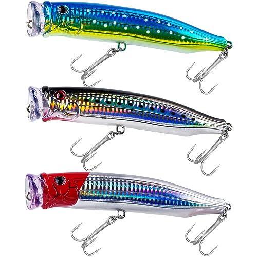 THKFISH Popper Lures Saltwater Tuna Popper Topwater Fishing Lures for Surf Fishing Bass with 3D Eyes for GT Tuna Large Fish 5.9in 1pc/3pcs - color: 3PCS-BLUEGREEN-BLACK-RED