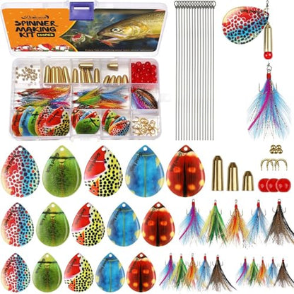 Dovesun Fishing Lure Making Kit DIY Spinner Making Kit, Inline Spinner Baits for Bass Fishing Trout Salmon Freshwater Gift for Men 228pcs/155pcs/107pcs - color: B-155PCS-Beetle Blades-Inline Spinner Making Kit