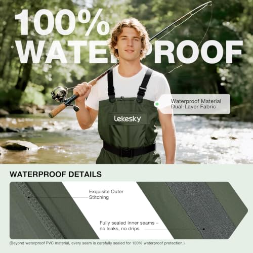 Lekesky Fly Fishing Chest Waders with Boots for Men Women, US Sizes 5–14,2-Ply Nylon/Pvc Waterproof Waders - color: Green, size: M12