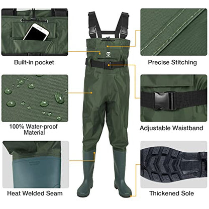 TIDEWE Bootfoot Chest Wader, 2-Ply Nylon/PVC Waterproof Fishing Hunting Waders with Boot Hanger for Men Women Green Brown - color: Green, size: M7/W9