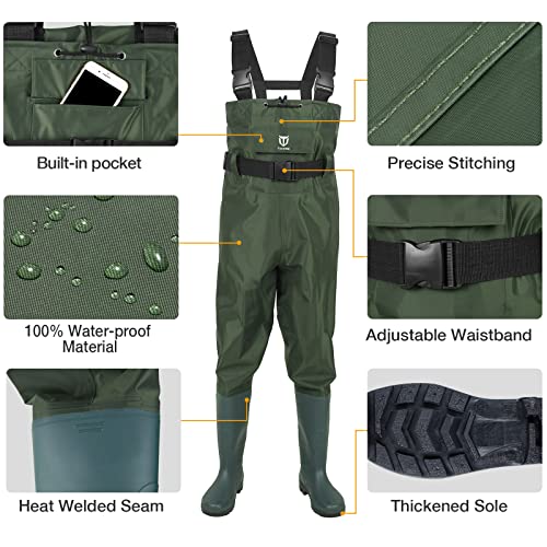 TIDEWE Bootfoot Chest Wader, 2-Ply Nylon/PVC Waterproof Fishing Hunting Waders with Boot Hanger for Men Women Green Brown - color: Green, size: M6/W8