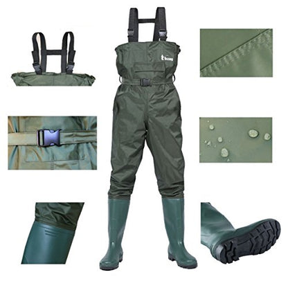 Bootfoot Fishing Chest Waders for Men Women with Boots 2-Ply Nylon/PVC Waterproof Hunting Waders with Boots Hanger - color: Green, size: 12