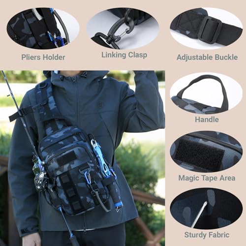 Fishing Sling Tackle Bag 5L - Fishing Tackle Storage Bags with Rod Holder for Angling Hiking Hunting Camping((BlackCamo) - color: Blackcamo
