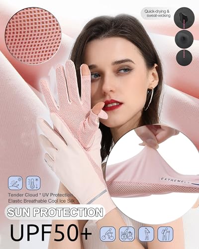 Women Sun Gloves UPF 50+ UV-Protection, Summer 2-Fingers-Flip Thin Ice-Silk Breathable Mesh Cooling Running Gloves - color: Pink