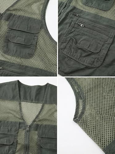 Men's Fishing Vest Multi-Pockets Unisex Mesh Utility Summer Vest for Hiking, Travel, Safari Waistcoat Jacket - color: Dark Green, size: Medium