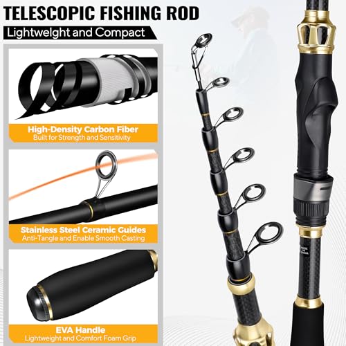 PLUSINNO Fishing Rod and Reel Combo, Telescopic Fishing Pole Kit with Spinning Reel, Tackle Box, Fishing Lures and Travel Carrying Bag, Fishing Gear Gifts for Men - color: 2pack Full Kit with Carrier Case, size: 2.4M 7.87FT