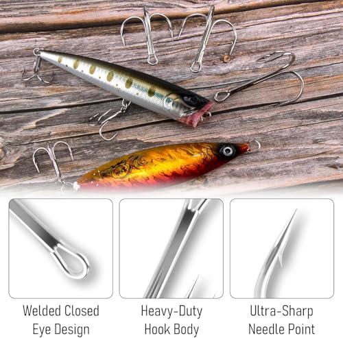 Dr.Fish 30 Pack Round Bend Treble Hooks #16-#8/0, Triple Fishing Hooks Saltwater&Freshwater, Replacement Hardbait Crankbait Spinner Catfish Walleye Trout Salmon Bass Fishing - color: Silver, size: #12-30 Pack