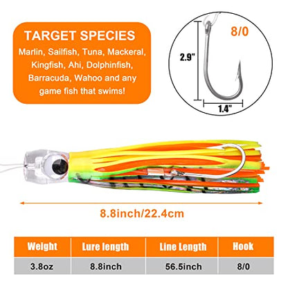 Saltwater Fishing Lures 6/9inch Trolling Lures for Marlin Mahi Tuna Dolphin Shark Big Game Deep Sea Fishing Baits Squid Skirts Rigged Hooks Ocean Gear Tackle - color: Yellow-1pcs, size: 9inch
