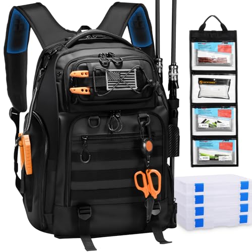 50L Fishing Tackle Backpack with Removable Lure Wraps,Include (4) 3600 Tackle Boxes, 2 Rod Holders Storage Fishing Gear and Equipment - color: C: 50L Backpack with (4) 3600 Tackle Boxes