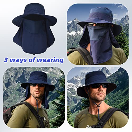 Fishing Hat for Men Sun Protection Hat with Removable Mesh Face Neck Flap Cover Windproof Strap for Men and Women - color: Navy Blue
