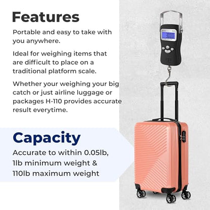 AWS Digital Luggage Scale, Fish Weighing Scale, Hanging Scale 110lb/50kg – Die-Cast Metal Construction, Built-in Tape Measure, Hook & Handle – for Travel, Fishing, Archery, Hunting, Outdoor (Black)