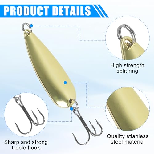 Fishing Spoons Metal Fishing Lures Kit, 5pcs Gold Metal Jigging Trout Lures Casting Trolling Spoon with with Treble Hooks for Trout Bass Pike Walleye Crappie Bass Salmon - size: 1/8oz