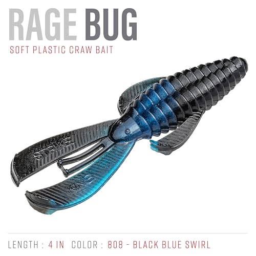 Strike King Rage Bug Fishing Lure, Soft Plastic Grub, Unique Design, Subtle Action - color: Black Blue Swirl, size: 4"
