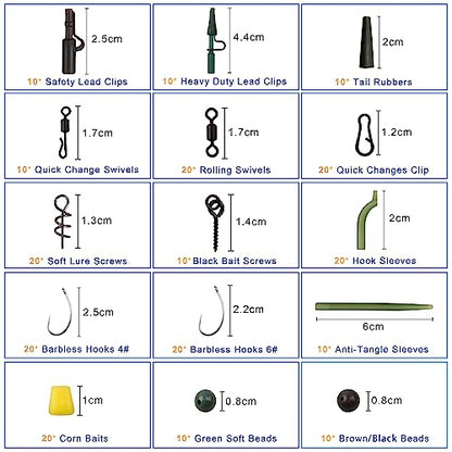 Carp Fishing Equipment Kit, 277pcs Carp Fishing Tackle Box with Carp Hooks Boilies Corn Baits Weights Rigs Swivels Snaps Various Gear Accessories Set for Men Gift