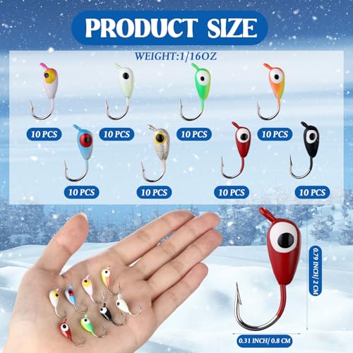 Vinsot 80 Pcs Ice Fishing Jigs Set, 1/16oz mini Ice Fishing Lures Winter Fish Jigs Heads Hooks Bulk with 3D Eyes Painted for Fish, Pike, Crappie, Walleye, Perch, Bass, Trout and Bluegill