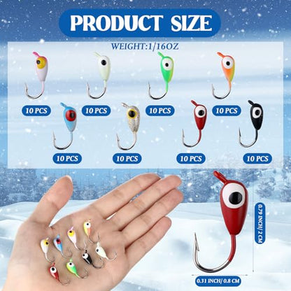 Vinsot 80 Pcs Ice Fishing Jigs Set, 1/16oz mini Ice Fishing Lures Winter Fish Jigs Heads Hooks Bulk with 3D Eyes Painted for Fish, Pike, Crappie, Walleye, Perch, Bass, Trout and Bluegill