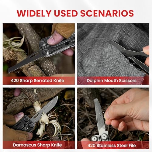 Multitool, 33-in-1 Stainless Steel Multi Tool Pliers with Screwdriver Sleeve, Damascus Pocket Knife, Nylon Sheath for Outdoor, Survival, Camping, Hiking, Simple Repair - size: 33-in-1