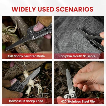 Multitool, 33-in-1 Stainless Steel Multi Tool Pliers with Screwdriver Sleeve, Damascus Pocket Knife, Nylon Sheath for Outdoor, Survival, Camping, Hiking, Simple Repair - size: 33-in-1
