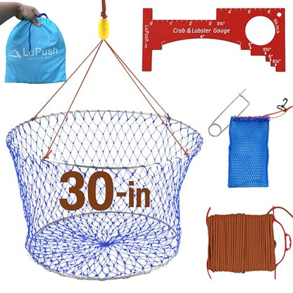 Stainless Collapsible Crab Net with 100ft Rope, Bait Bag, Clip & Ruler – 6 Pieces Portable Crab Trap for Easy Storage – Durable Grid Design for Dock & Pier Crabbing - size: 30 inch