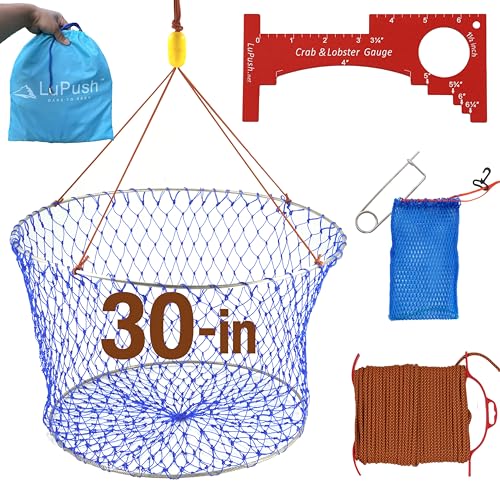 Stainless Collapsible Crab Net with 100ft Rope, Bait Bag, Clip & Ruler – 6 Pieces Portable Crab Trap for Easy Storage – Durable Grid Design for Dock & Pier Crabbing - size: 30 inch