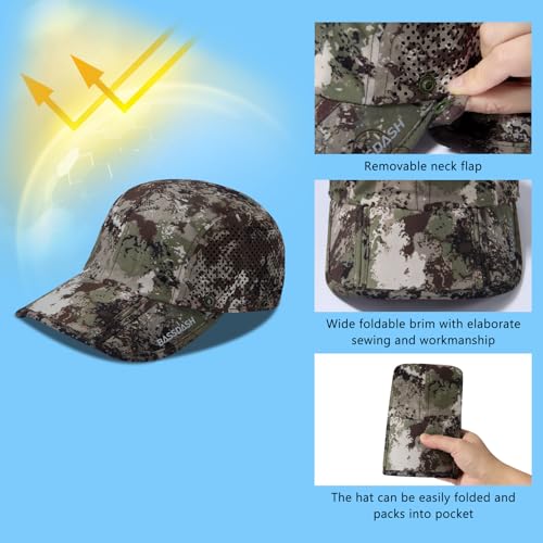 BASSDASH UPF 50+ Foldable Fishing Hat Baseball Cap with Removable Neck Flap Portable for Men Women Golf Hiking - color: Grunge Camo With Foldable Brim