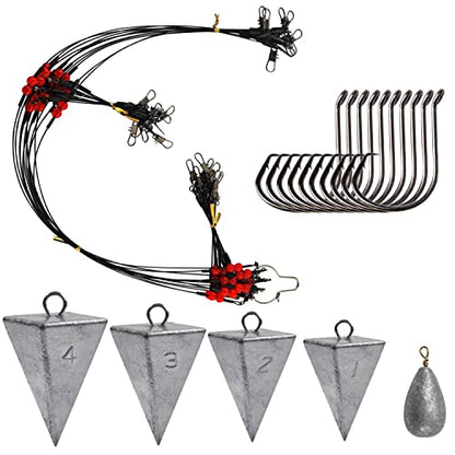 Saltwater Surf Fishing Tackle Kit - Saltwater Surf Fishing Rigs Bottom Rigs Include Fishing Leader Rigs Pyramid Sinkers Bass Casting Sinker Circle Hooks for Striped Bass Red Drum Flounder - color: Black