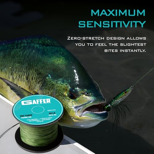 Gaffer Sportfishing Braided Fishing Line – Green – 8-Strand UHMWPE Braid, Ultra-Strong Zero-Stretch, Smooth Coated – Abrasion-Resistant for Saltwater & Freshwater – High Knot Strength - size: 300Yards - 60lb