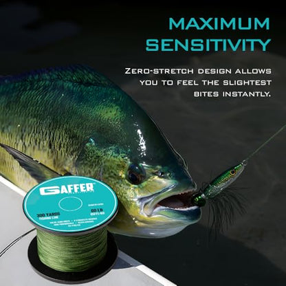 Gaffer Sportfishing Braided Fishing Line – Green – 8-Strand UHMWPE Braid, Ultra-Strong Zero-Stretch, Smooth Coated – Abrasion-Resistant for Saltwater & Freshwater – High Knot Strength - size: 300Yards - 60lb