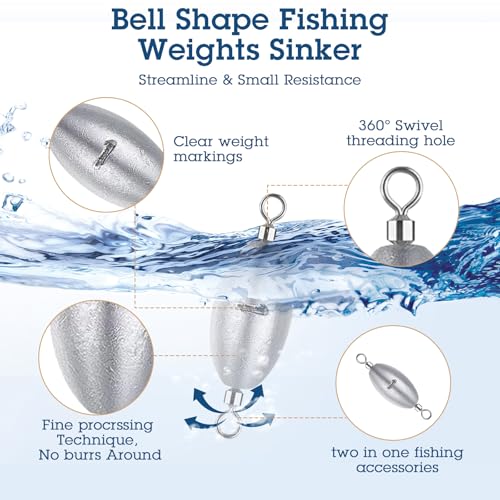 78 Pcs/Box Fishing Weights Inline Weights Trolling Sinkers Swivel Weights with Inner Swivel for Ocean Saltwater Surf Bass Fishing Casting Gear Tackle 1/6 Oz, 3/8 Oz, 1/2 Oz, 3/4 Oz, 1 oz