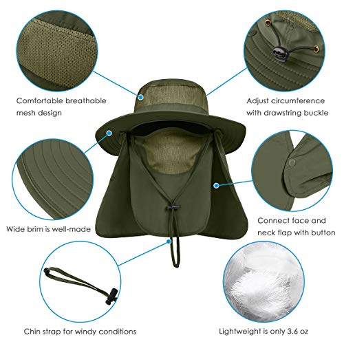 IYEBRAO Mens Outdoor Sun Hat with Face Neck Flap UV Protection Wide Brim Fishing Hat for Hiking Safari Gardening UPF 50+ - color: Army Green