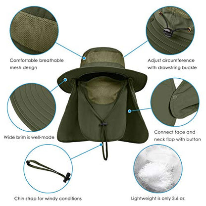 IYEBRAO Mens Outdoor Sun Hat with Face Neck Flap UV Protection Wide Brim Fishing Hat for Hiking Safari Gardening UPF 50+ - color: Army Green