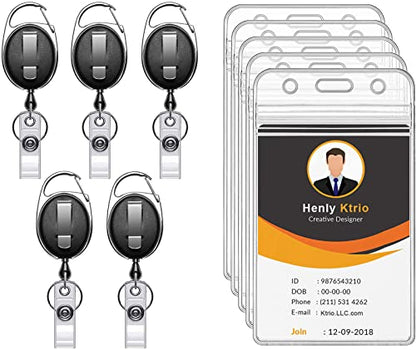 KTRIO ID Badge Holder with Retractable Reel, Vertical, 5 Pack | Fits 2.5x3.4" Cards, Clear Vertical Holder, 24" Retractable Badge Reel, Metal Clip & Key Ring, 5-Pack Set - style: 5 Pcs | Vertical