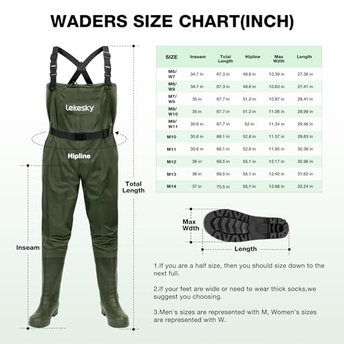 Lekesky Fly Fishing Chest Waders with Boots for Men Women, US Sizes 5–14,2-Ply Nylon/Pvc Waterproof Waders - color: Green, size: M9/W11