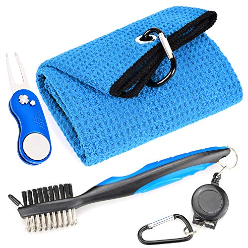 Mile High Life Microfiber Waffle Pattern Golf Towel | Club Groove Cleaner Brush | Foldable Divot Tool with Magnetic Ball Marker (Blue Towel/Brush/Curve Divot) - color: Blue Towel/Brush/Curve Divot