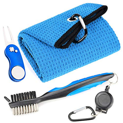 Mile High Life Microfiber Waffle Pattern Golf Towel | Club Groove Cleaner Brush | Foldable Divot Tool with Magnetic Ball Marker (Blue Towel/Brush/Curve Divot) - color: Blue Towel/Brush/Curve Divot