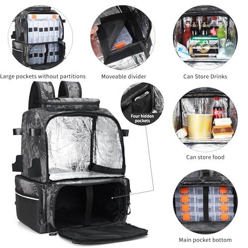 Rabjen Fishing Tackle Backpack, 45L Storage Waterproof Travel Bag Store Fishing Gear with Insulated Top Pocket