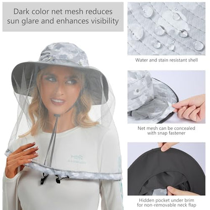 BASSDASH UPF 50+ Mosquito Sun Hat with Hidden Head Net and Neck Flap for Men Women Outdoor Fishing Hiking Camping - color: Light Grey Camo