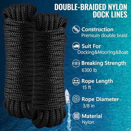 4 Pack 3/8" x 15’ Boat Dock Lines for Boat & Pontoon, Premium Marine- Grade Double Braided Nylon Dock Line, Pre-Spliced with a 12" Eyelet-Black,Boating Gifts for Men - size: 3/8" x 15' (Pack of 4)