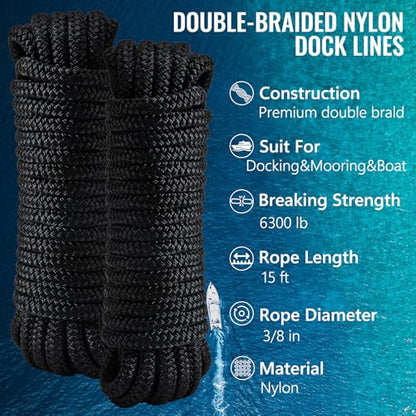 4 Pack 3/8" x 15’ Boat Dock Lines for Boat & Pontoon, Premium Marine- Grade Double Braided Nylon Dock Line, Pre-Spliced with a 12" Eyelet-Black,Boating Gifts for Men - size: 3/8" x 15' (Pack of 4)