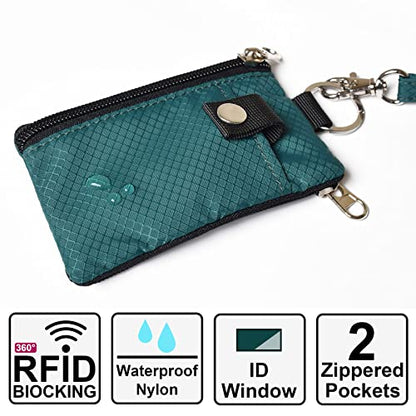 CHENSPRX Minimalist RFID Blocking Small Wallet with ID Window,WaterResistant Zip Id Case Wallet with Lanyard Keychain for Cards,Cash,Travel,Women,Men - color: DarkGreen