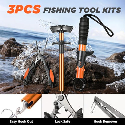 PLUSINNO Fishing Backpack with Fishing Rod and Reel Combos Tackle Boxes, Waterproof Tackle Backpack for Gear with Rod Holder, Fish Gifts for Men with Tool Kit - color: Khaki Fishing Backpack With Fishing Rod