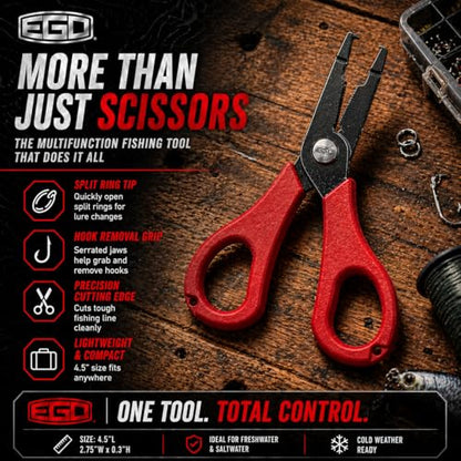 Ego Heavy Duty Anti Slip Fishing Line Cutter with Split Ring Jaw On The End, Saltwater and Cold Water Resistant Fishing Gear Scissor, Serated Fish Shears with Split Ring Function