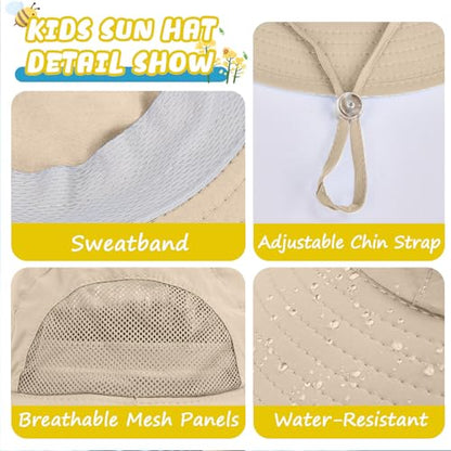 Outdoor Kids Sun Hats with Neck Flap Boys Girls Wide Brim UPF 50+ UV Protection Children Bucket Hat Safari Hat - color: 1pack-beige
