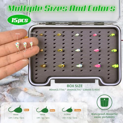 Tungsten Ice Fishing Jigs Kit - 15/21/45pcs Effective Glow Lures for Crappie, Panfish, Walleye - color: Colorful (15pcs)