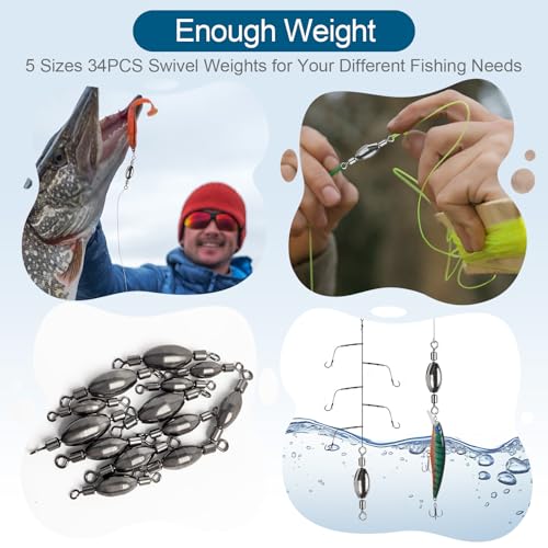 34Pcs Fishing Weights Swivel Brass Sinkers Fishing Weight, Bullet Sinker Weight Kit Tackle, Rolling Swivel Saltwater Freshwater Drop Shot Weights